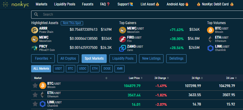 Nonkyc.io Markets Page